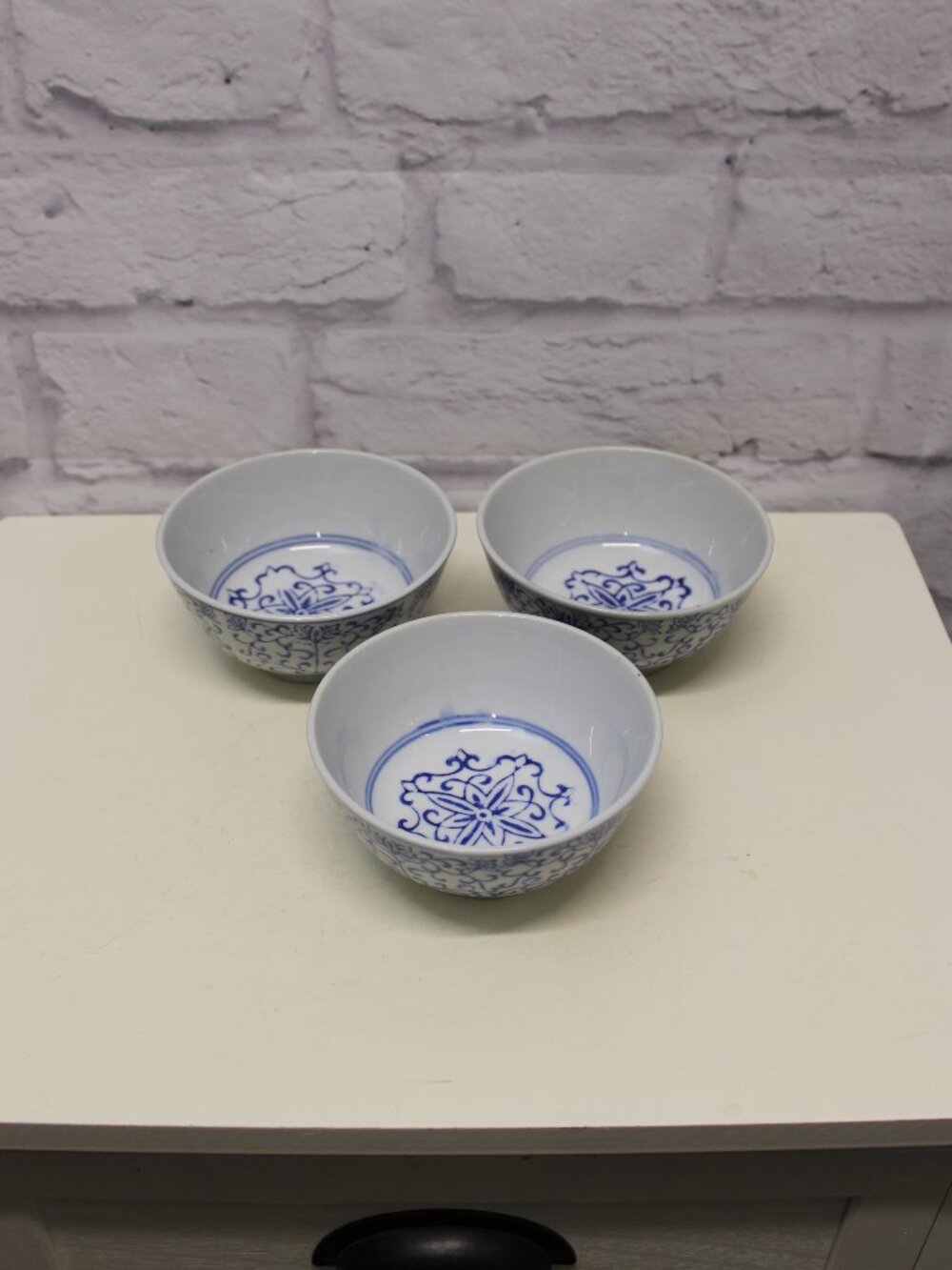 Vintage Blue White Floral Geometric Medallion Porcelain Rice Bowls Set of 3